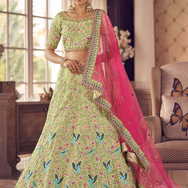 Myra Pista Green Art Silk Heavy Embroidered Lehenga - Distacart