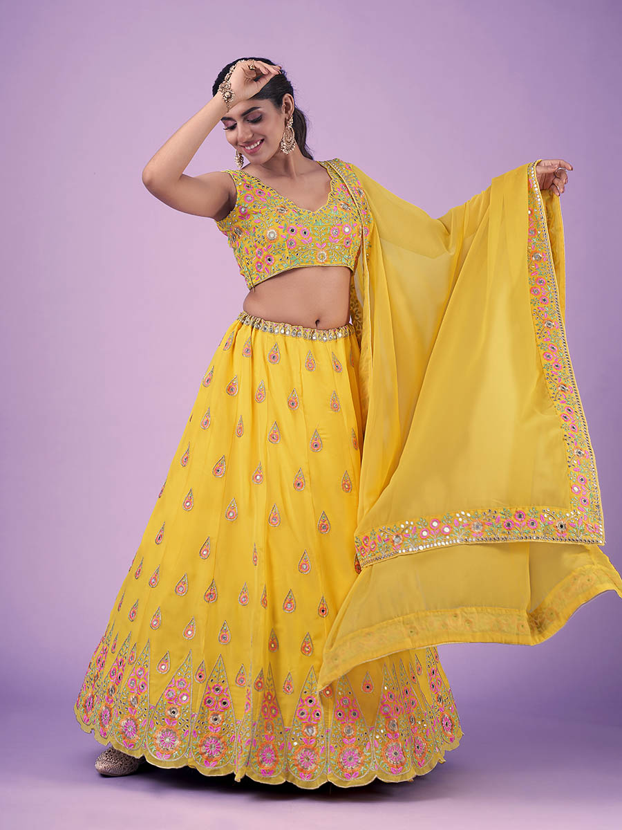 Myra Yellow Georgette Embroidered Designer Lehenga - Distacart