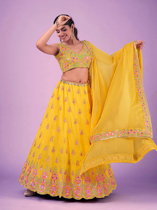 Myra Yellow Georgette Embroidered Designer Lehenga - Distacart