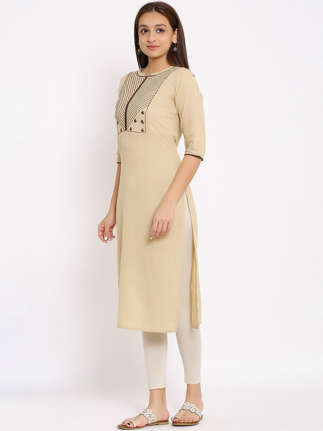 HERE&NOW Beige Geometric Yoke Design Thread Work Kurta - Distacart