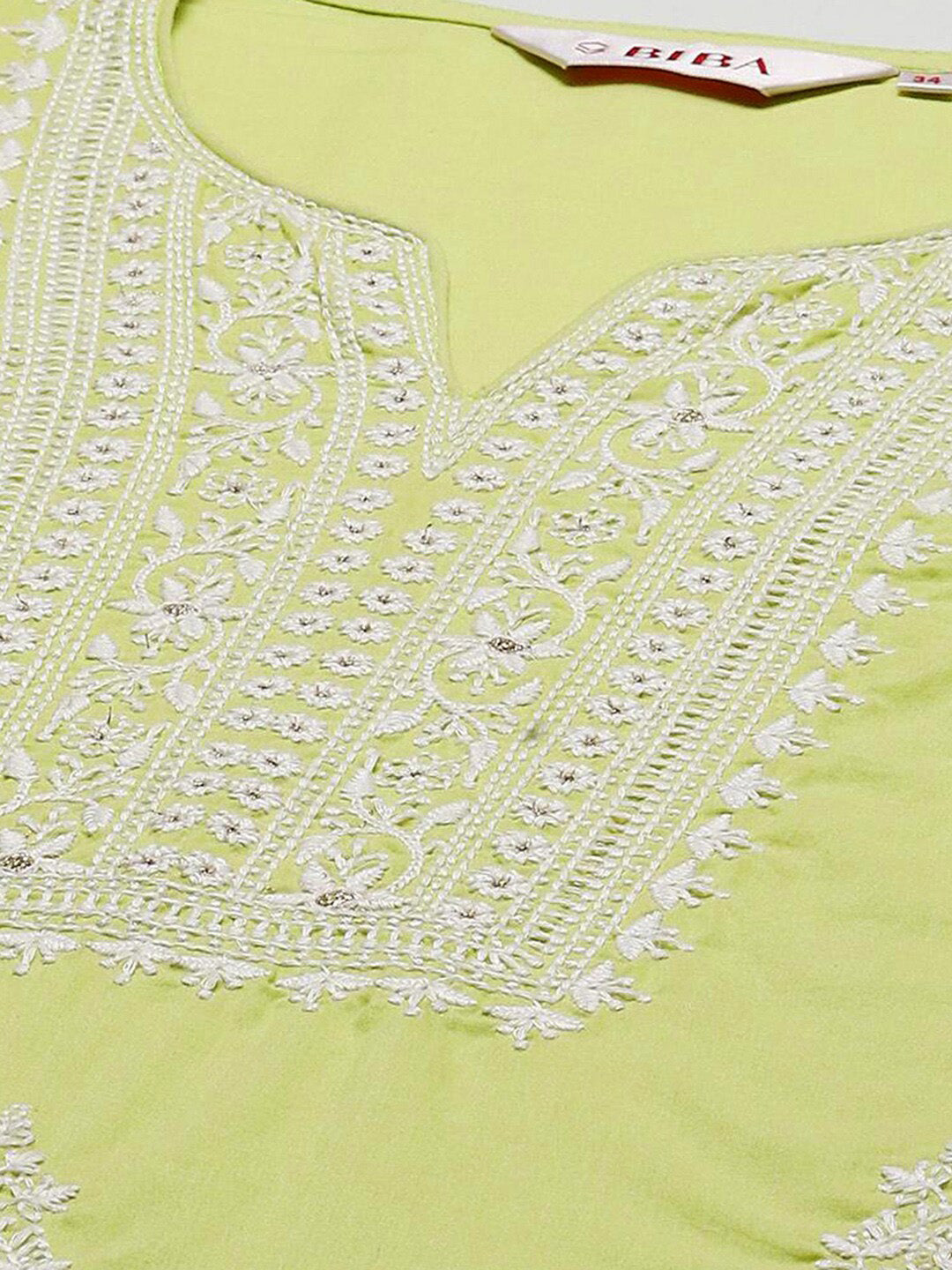 Biba Ethnic Motifs Embroidered Notched Neck Sequined Cotton Kurta - Distacart