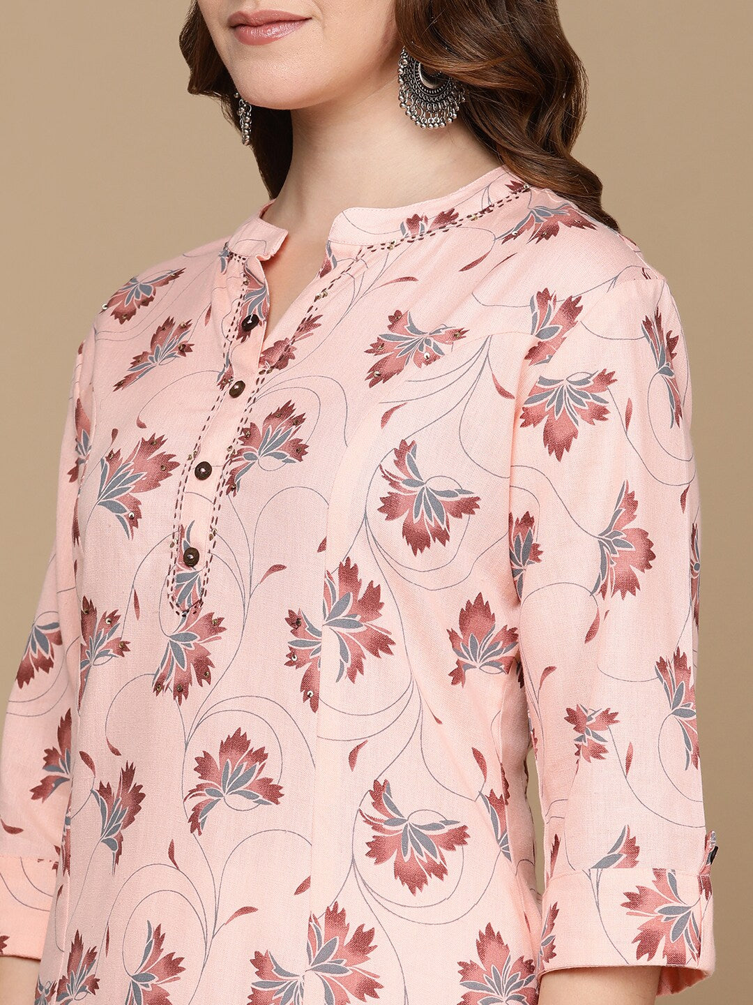 HERE&NOW Pink & Maroon Floral Printed Pure Cotton Kurta - Distacart