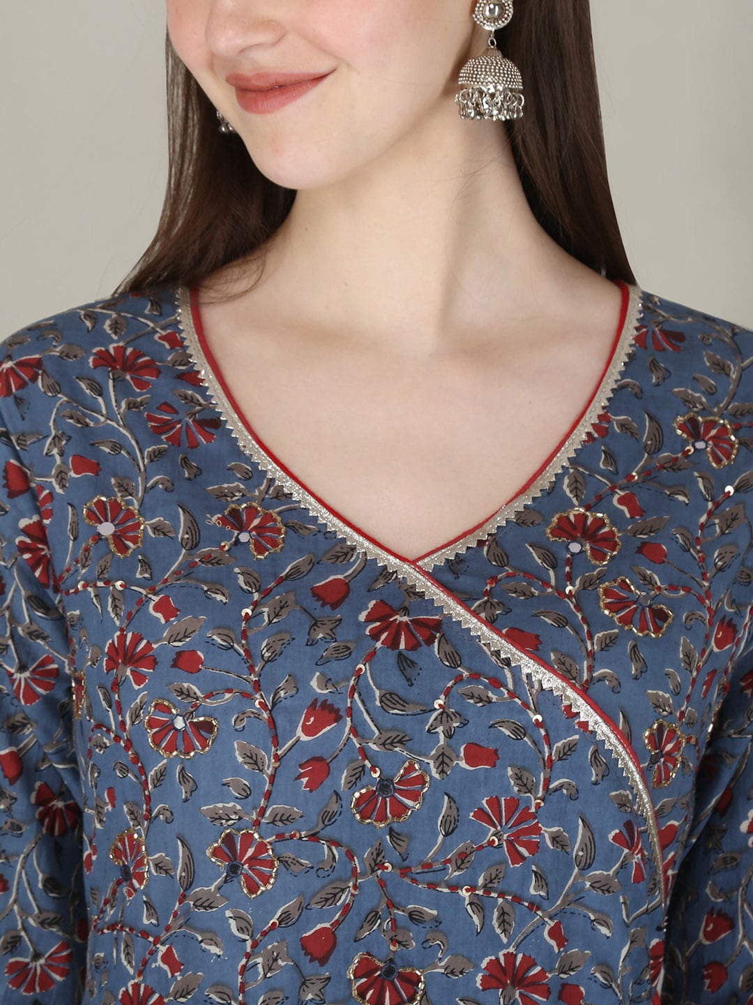 Kalini Women Navy Blue & Red Floral Printed Floral Anarkali Fusion Kurta - Distacart