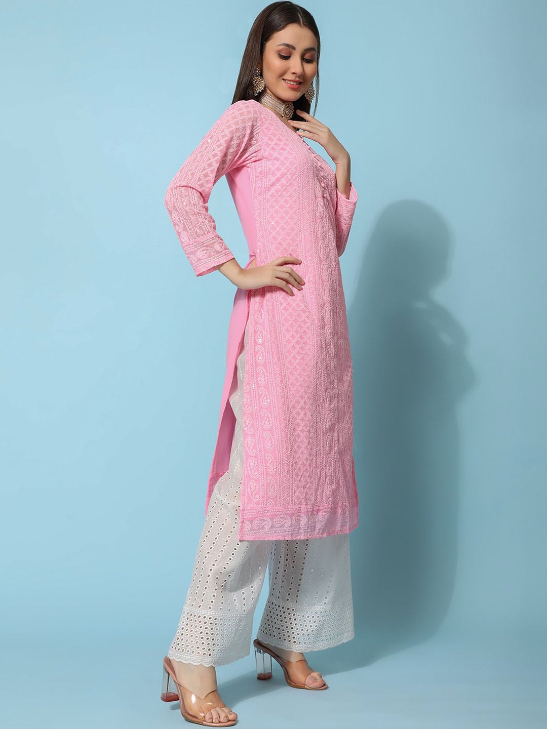 Kalini Ethnic Motifs Embroidered Chikankari Georgette Straight Kurta - Distacart