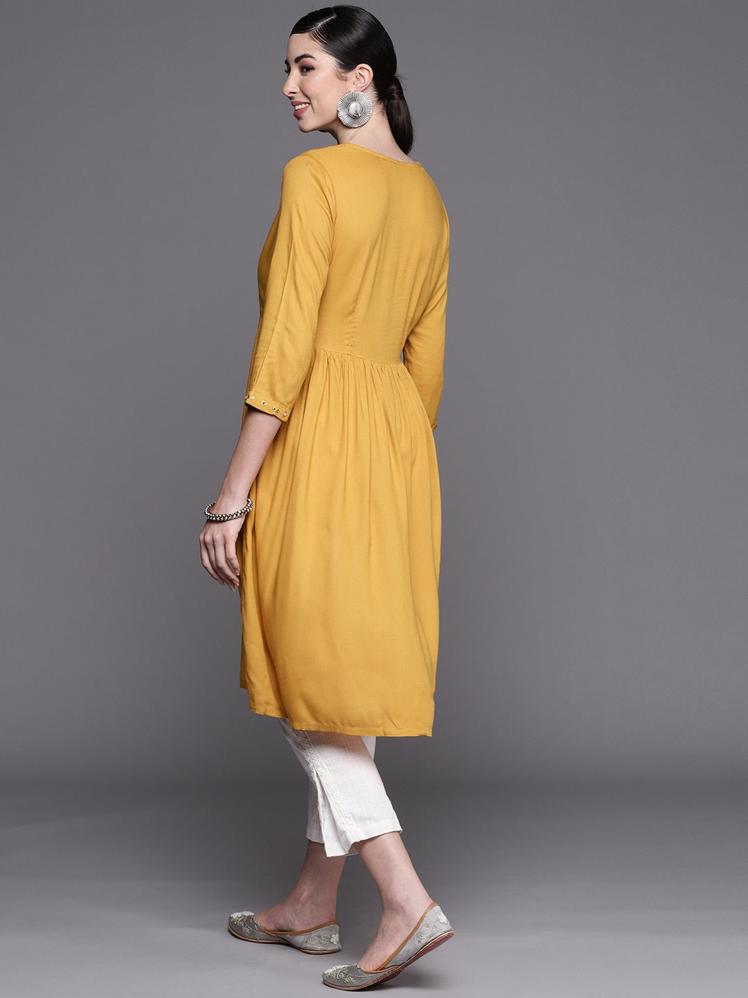 Biba Women Mustard Yellow Embroidered Mirror Work Yoke Design A-Line Kurta - Distacart
