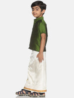 Thumbnail for Sethukrishna Olive Green & White Solid Shirt and Veshti Set For Boys - Distacart