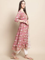 Thumbnail for Sangria Pink Floral Printed Yoke Embroidered Pure Cotton Kurta With Trouser & Dupatta - Distacart