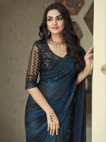 Thumbnail for Mitera Teal Striped Embroidered Pure Georgette Saree - Distacart