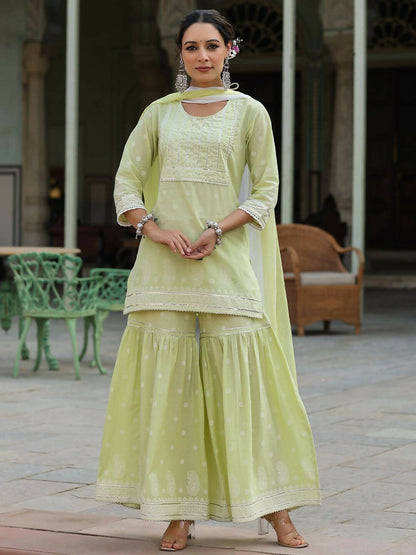 Juniper Women's Lime Green Cambric Floral Print Kurta Sharara Sets - Distacart