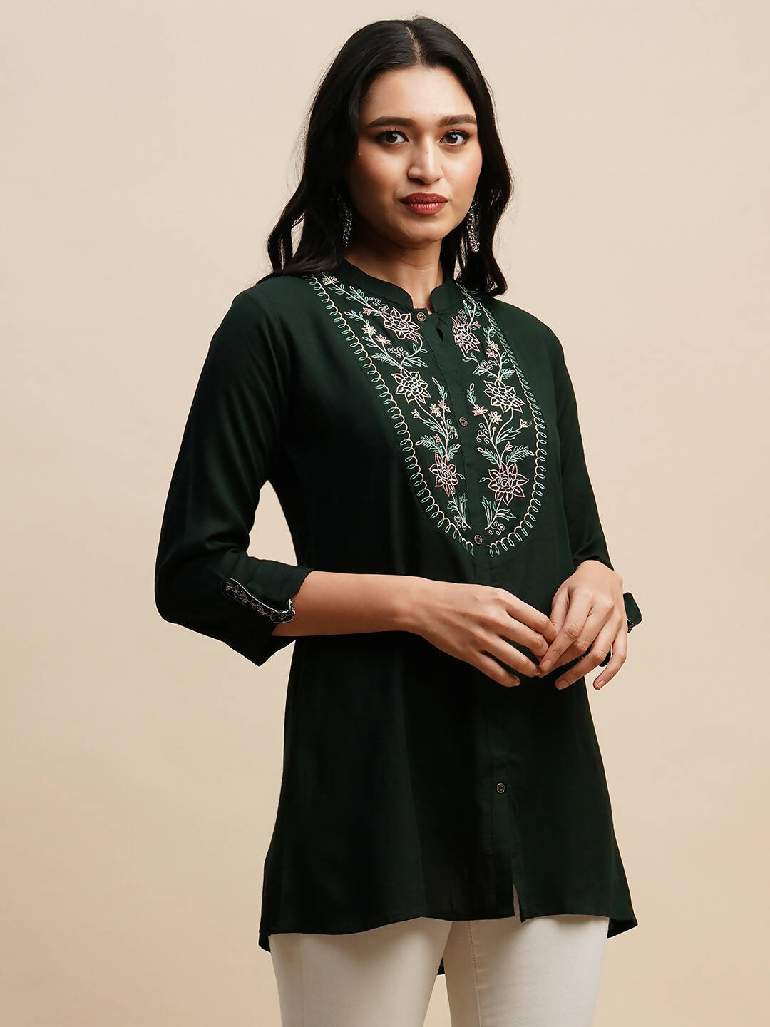 Dark Green Rayon Embroidered Top - Tarini - Distacart