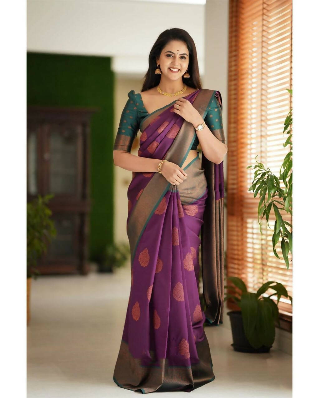 DEIANA'S Beautiful Golden Jari with New Design Soft Lichi Silk Saree - Majenta - Distacart