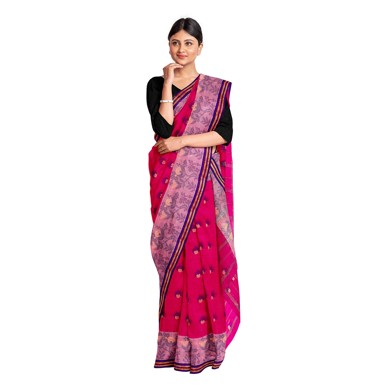Exclusive Collection 100% Pure Cotton Pink Tant Saree With Hand Weaving Work - Distacart
