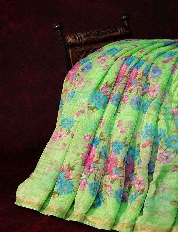 Fern Green Colour Floral Print Semi Chanderi Saree By Gayathri Reddy Designer Studio - Distacart