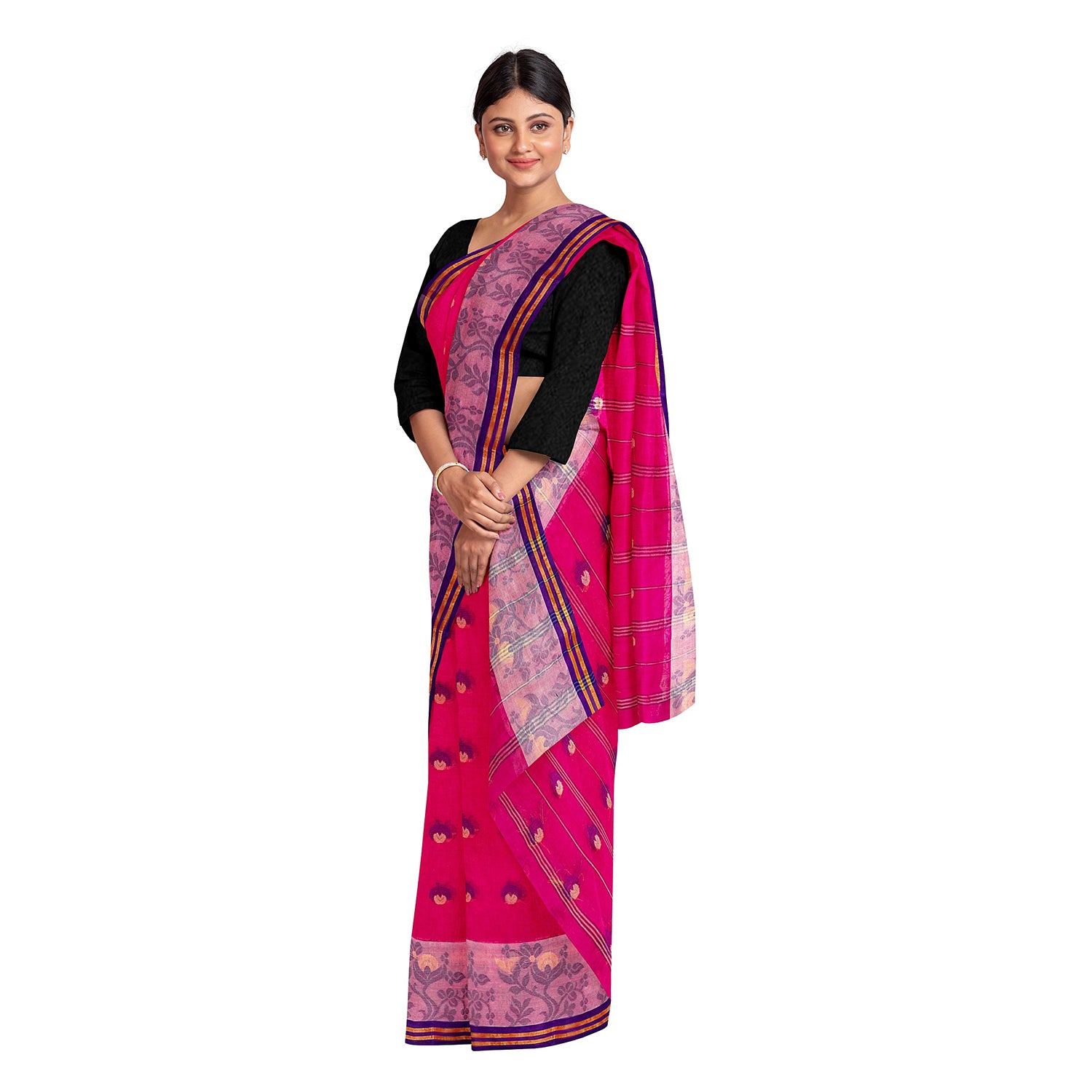 Exclusive Collection 100% Pure Cotton Pink Tant Saree With Hand Weaving Work - Distacart