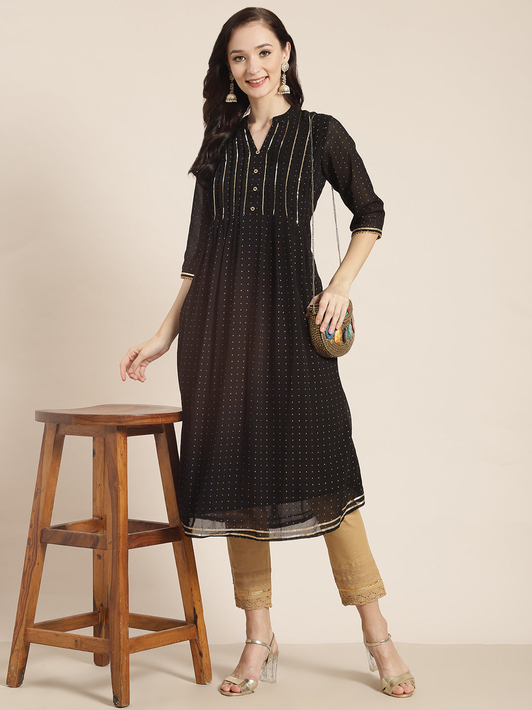 Juniper Womens Black Georgette Printed Pintucks A-Line Kurta - Distacart
