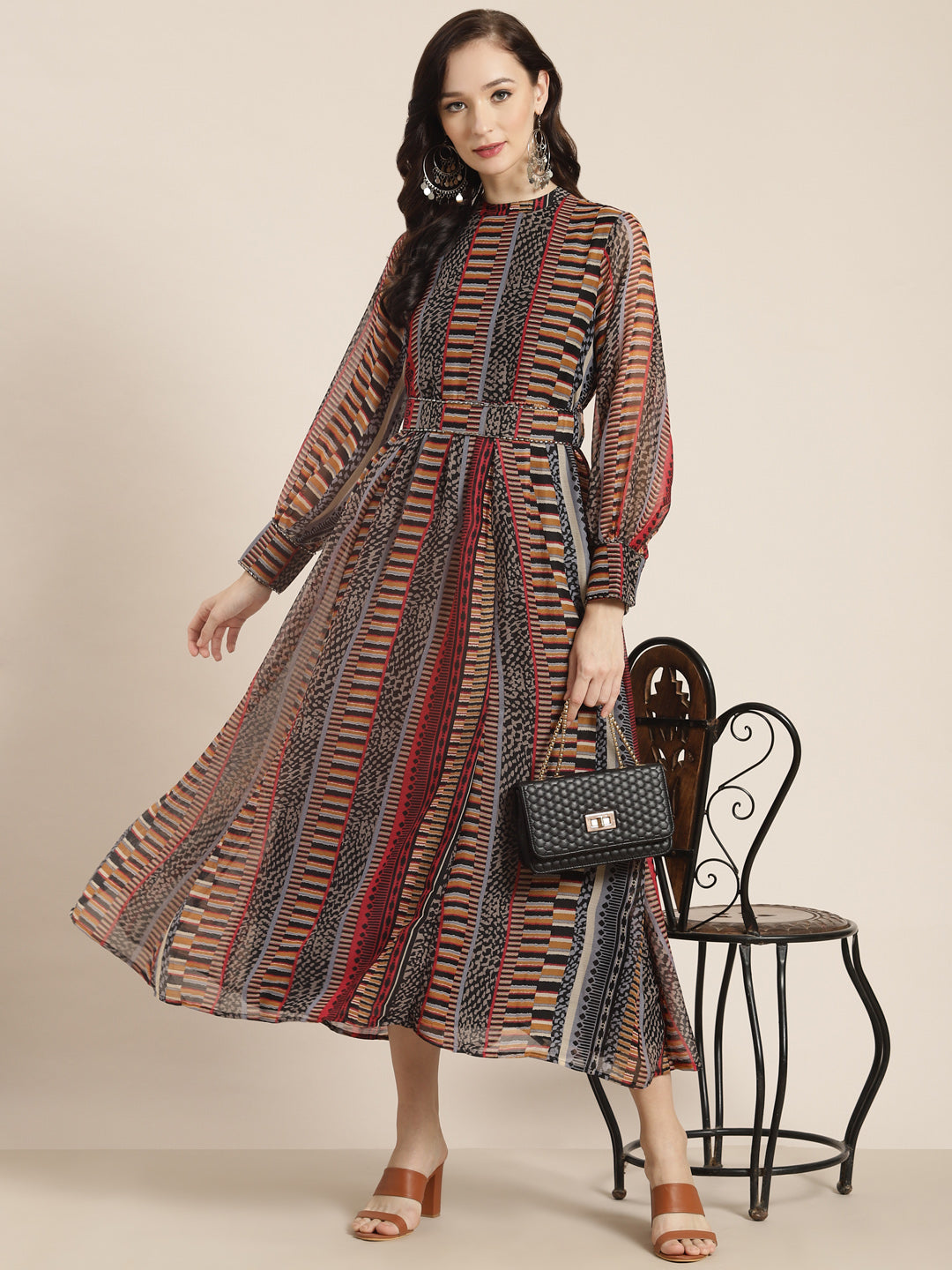 Juniper Womens Black Chiffon Printed Dress With Beautiful Belt - Distacart