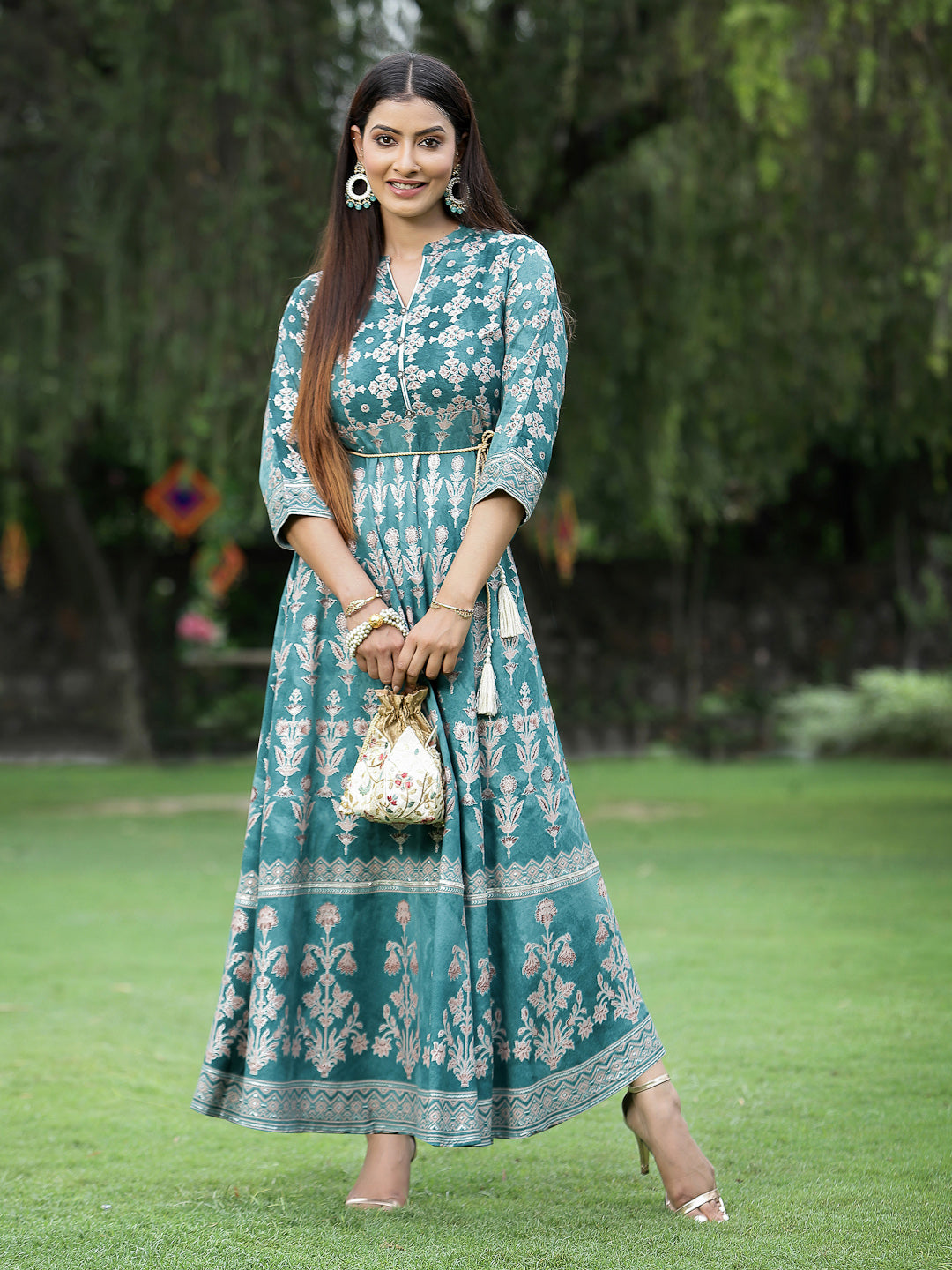 Juniper Womens Teal Floral Motifs Printed Maxi Dress - Distacart