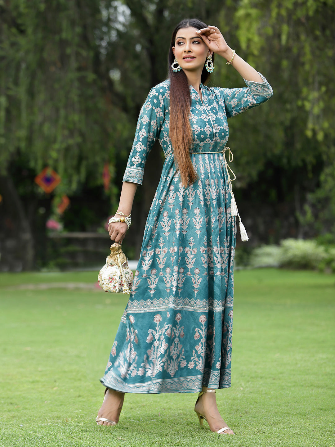 Juniper Womens Teal Floral Motifs Printed Maxi Dress - Distacart