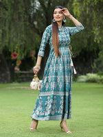 Thumbnail for Juniper Womens Teal Floral Motifs Printed Maxi Dress - Distacart