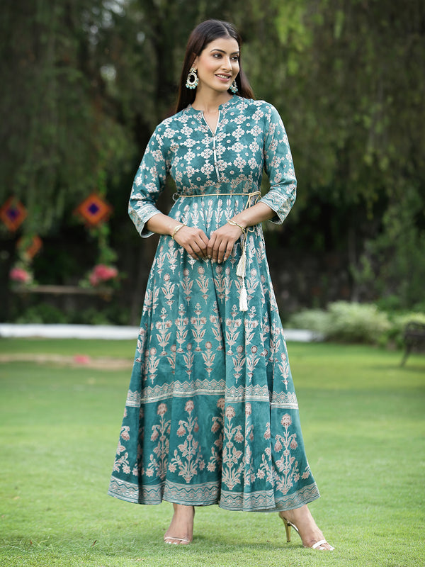 Juniper Womens Teal Floral Motifs Printed Maxi Dress - Distacart