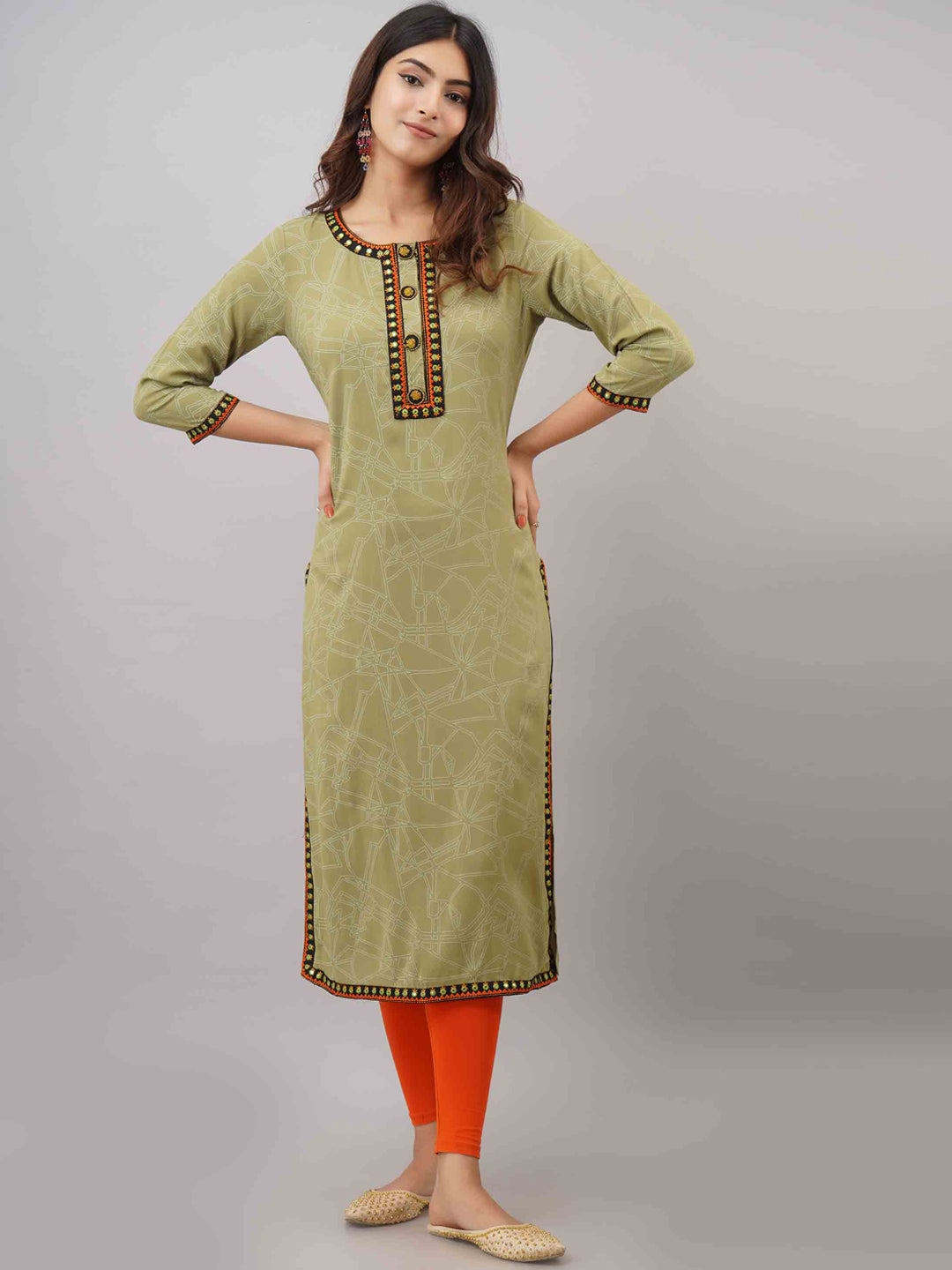 Kalini Women Green Geometric Yoke Design Mirror Work Kurta - Distacart