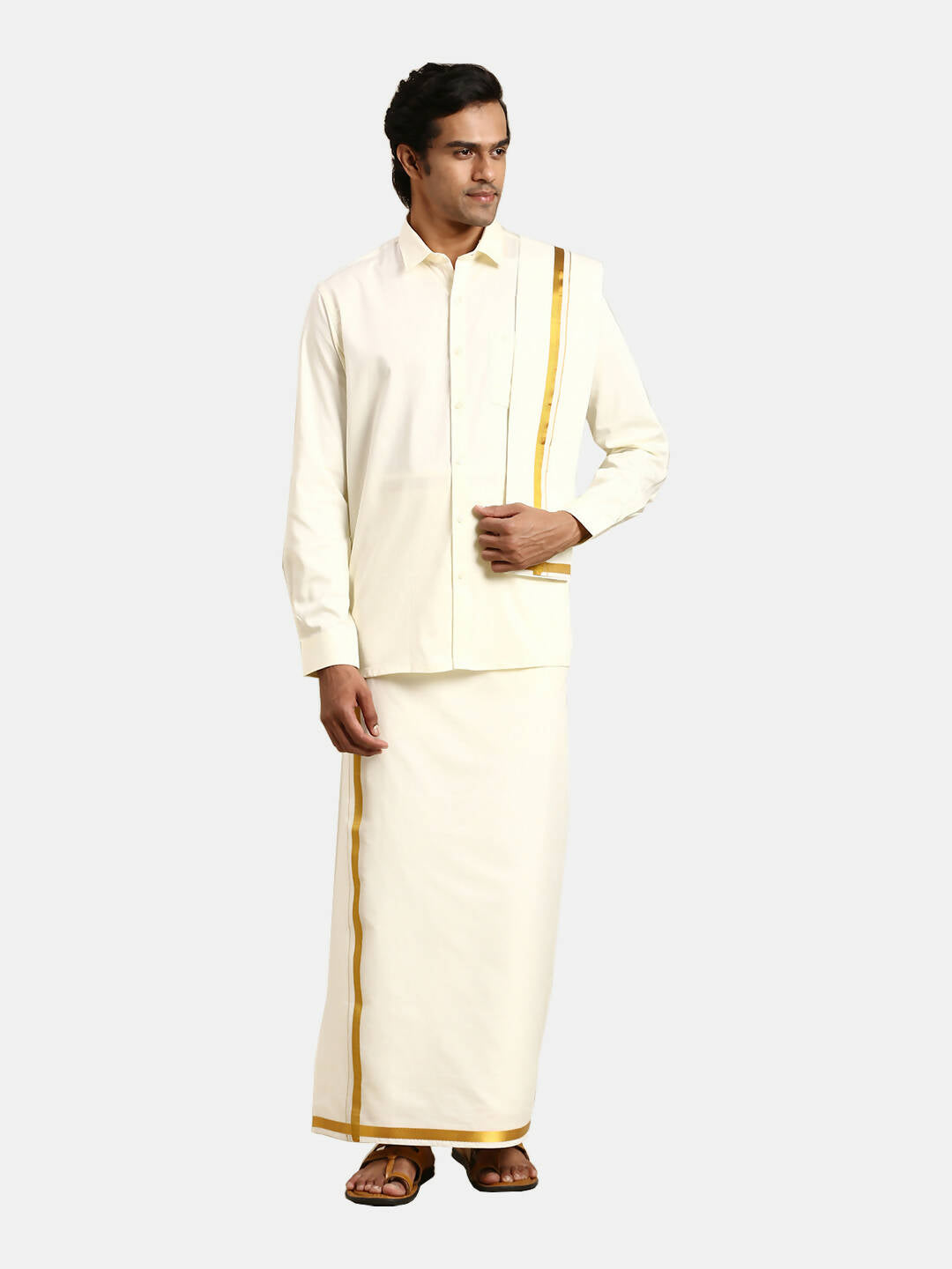 Ramraj Cotton 2 In 1 Set For Mens Readymade Cream Double Layer Pocket Dhoti With 3/4 Inch Golden Jari And Towel - Distacart