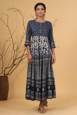 Thumbnail for Juniper Women's Blue Rayon Printed Flared Dress - Distacart