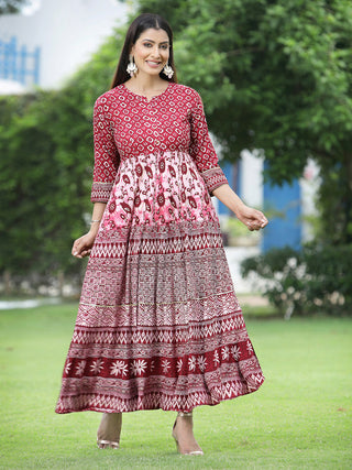Juniper Women's Maroon Rayon Printed Flared Dress - Distacart