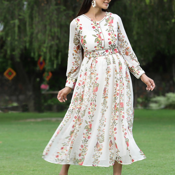 Juniper Womens Off White Floral Printed Maxi Dress With Bead Handwork - Distacart