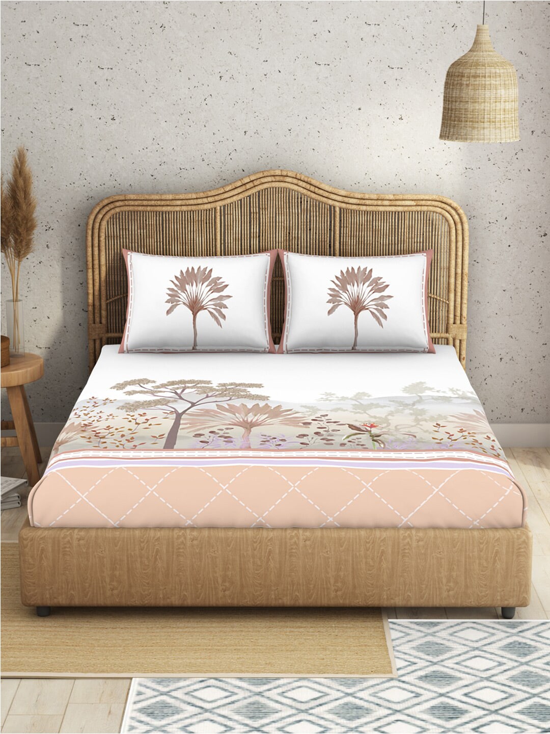 SPACES Kalakari Haath White Ethnic Motifs Cotton 210 TC King Bedsheet & 2 Pillow Covers - Distacart