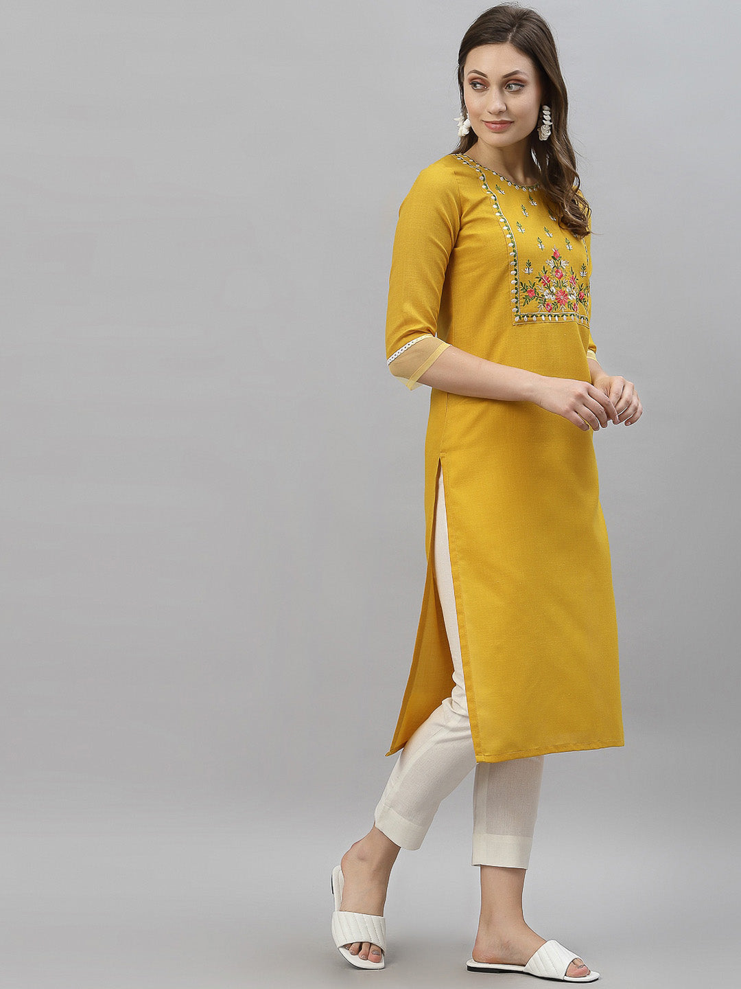 Kalini Women Yellow Floral Embroidered Thread Work Kurta - Distacart