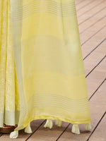 Thumbnail for Mitera Yellow & White Floral Embroidered Zari Pure Linen Banarasi Saree - Distacart