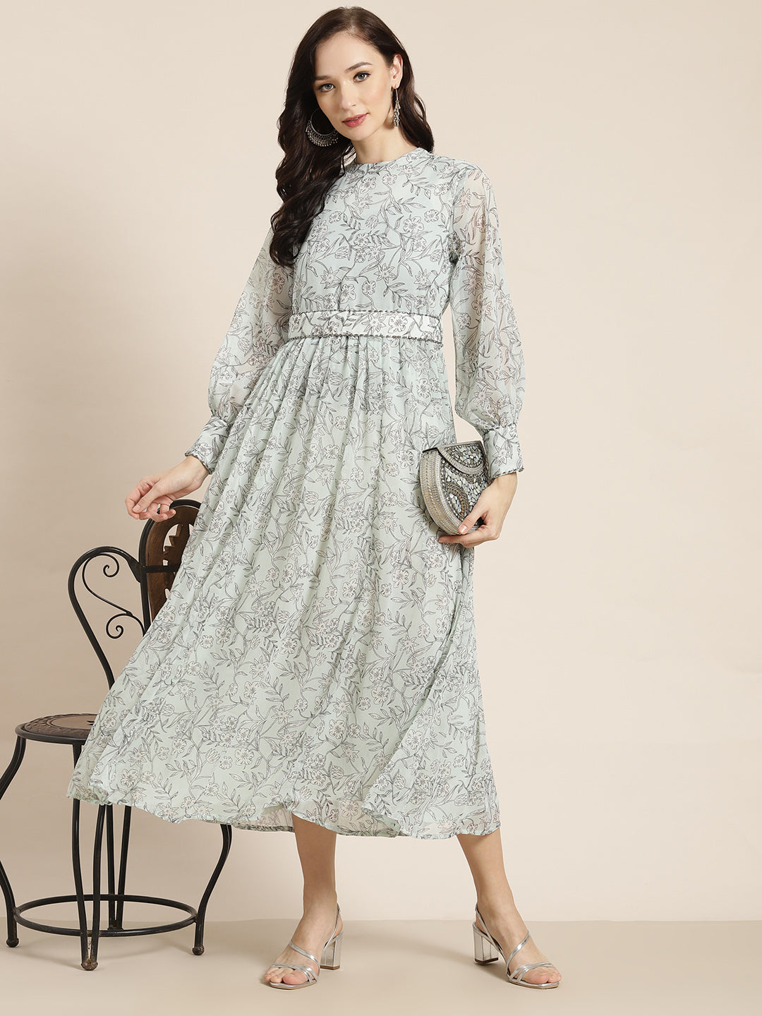 Juniper Womens Sagegreen Chiffon Digital Floral Printed Maxi Dress - Distacart