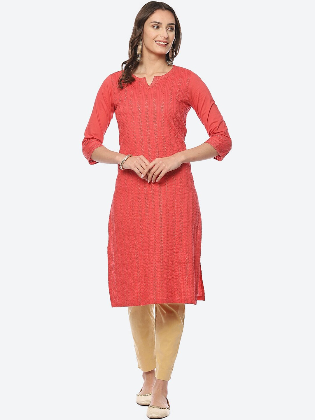 Biba Women Thread Work Pure Cotton Straight Kurta - Distacart