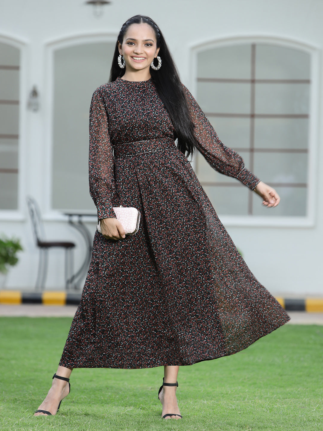 Juniper Womens Black Chiffon Digital Floral Printed Maxi Dress - Distacart