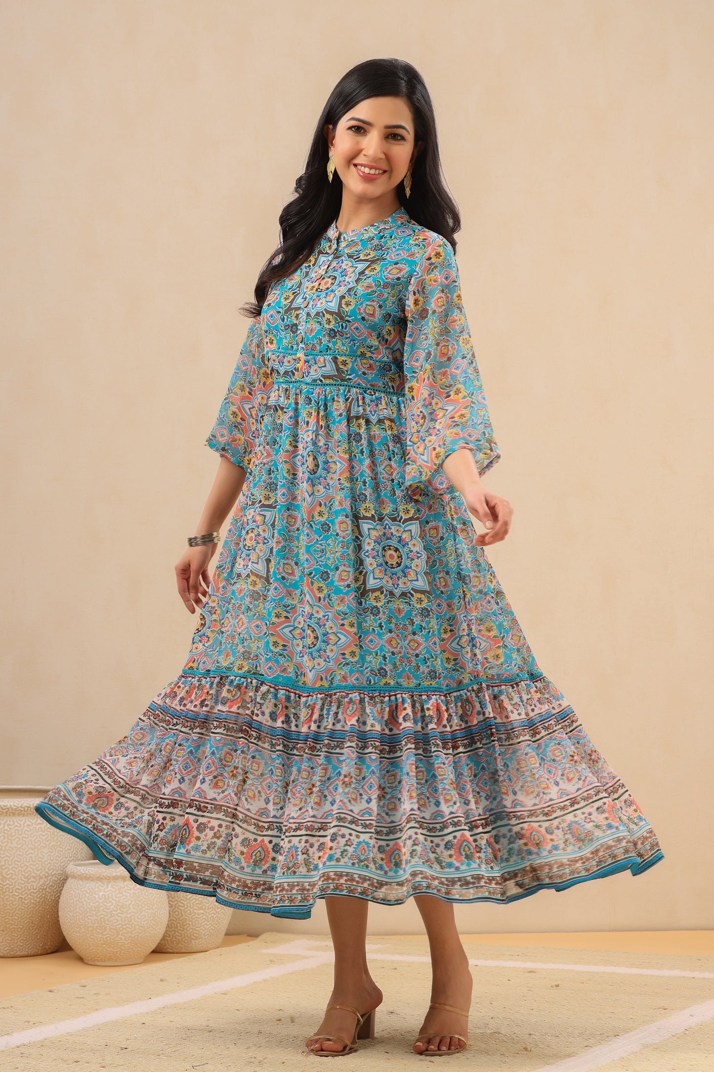 Juniper Womens Aqua Blue Chiffon Digital Printed Tiered Maxi Dress - Distacart