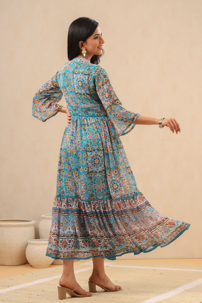 Juniper Womens Aqua Blue Chiffon Digital Printed Tiered Maxi Dress - Distacart