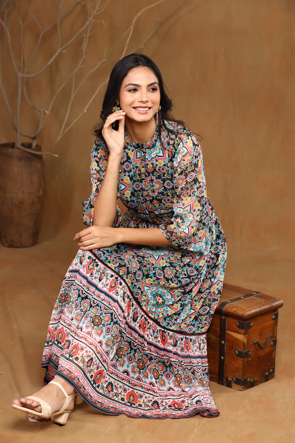 Juniper Women's Black Chiffon Printed Tiered Dress - Distacart