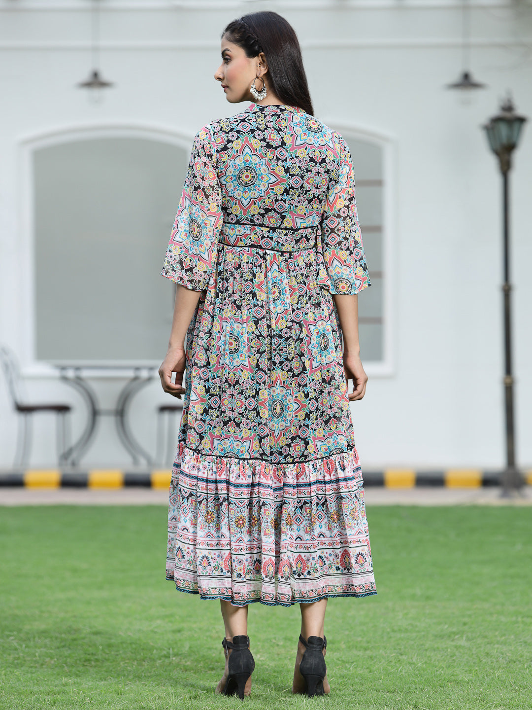 Juniper Womens Black Chiffon Digital Printed Tiered Maxi Dress - Distacart