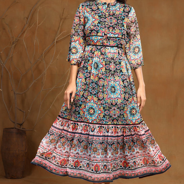 Juniper Women's Black Chiffon Printed Tiered Dress - Distacart