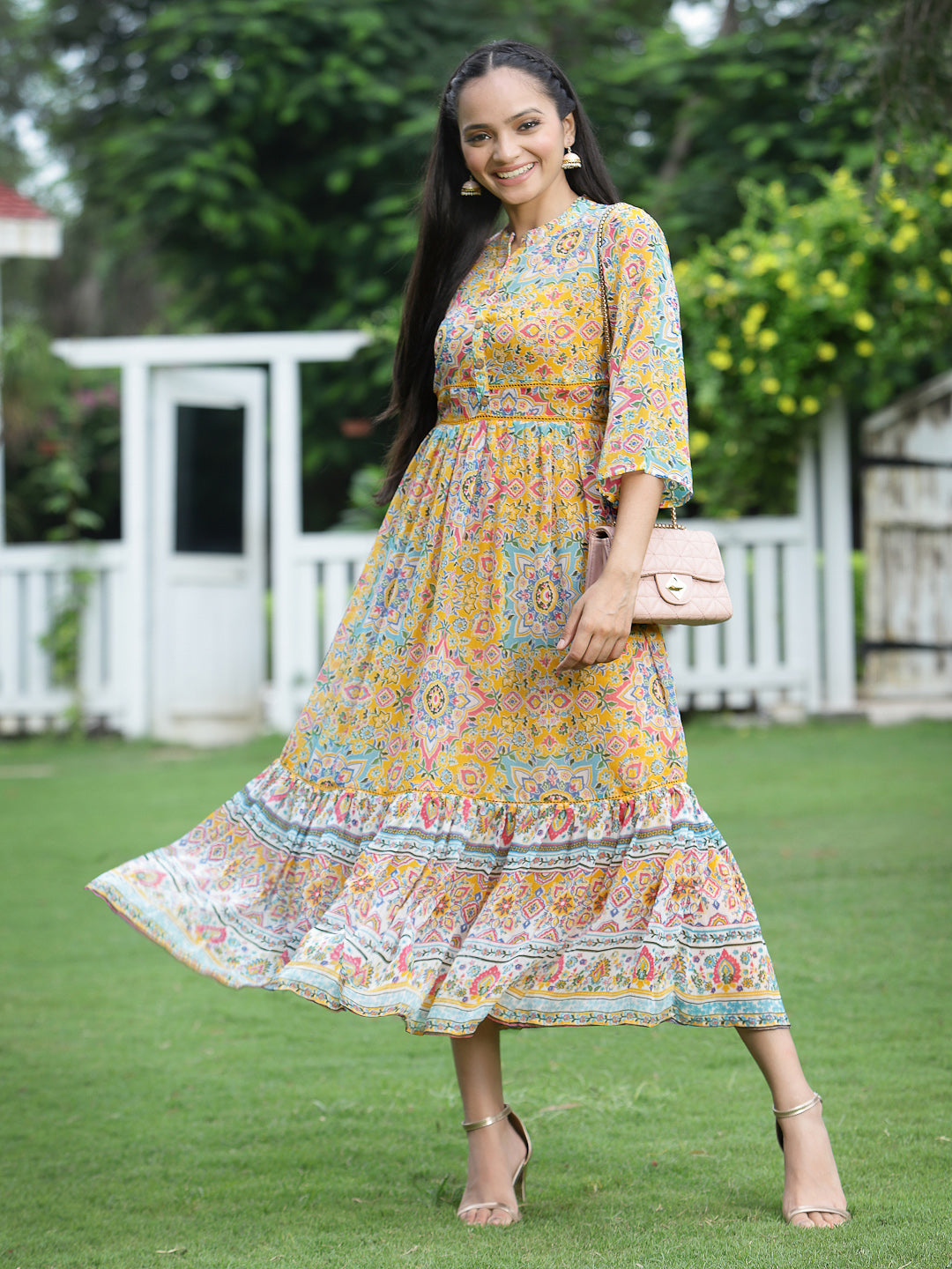 Juniper Womens Mustard Chiffon Digital Printed Tiered Maxi Dress - Distacart