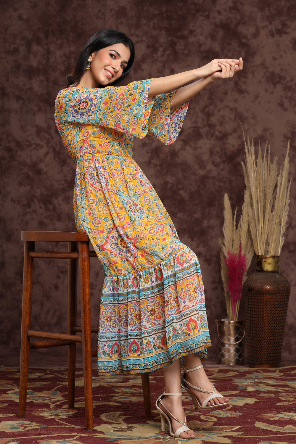 Juniper Women's Mustard Chiffon Printed Tiered Dress - Distacart