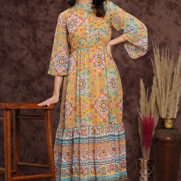 Juniper Women's Mustard Chiffon Printed Tiered Dress - Distacart
