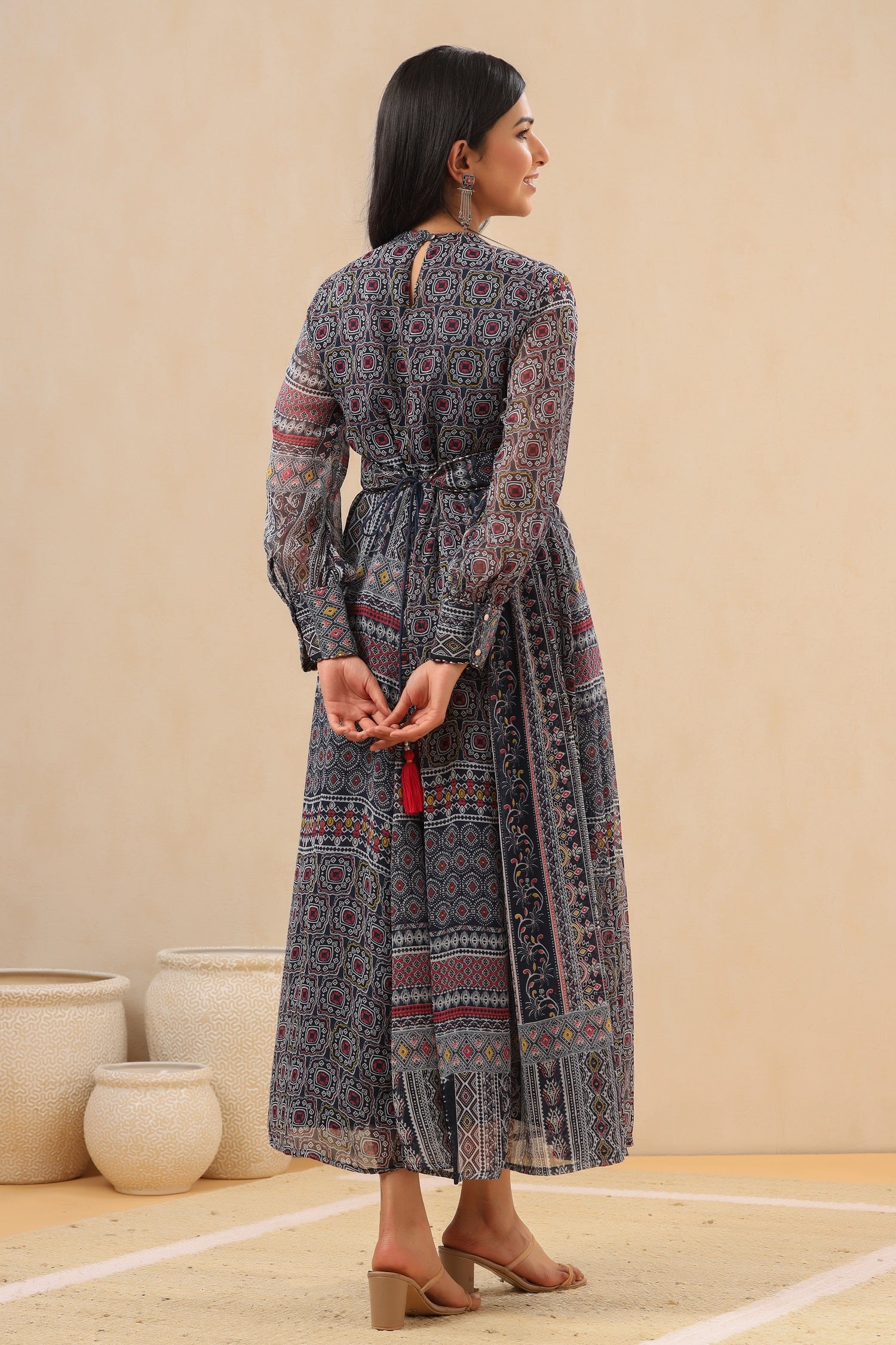 Juniper Womens Black Multi Color Geometric Digital Printed Maxi Dress With Bead Handwork - Distacart