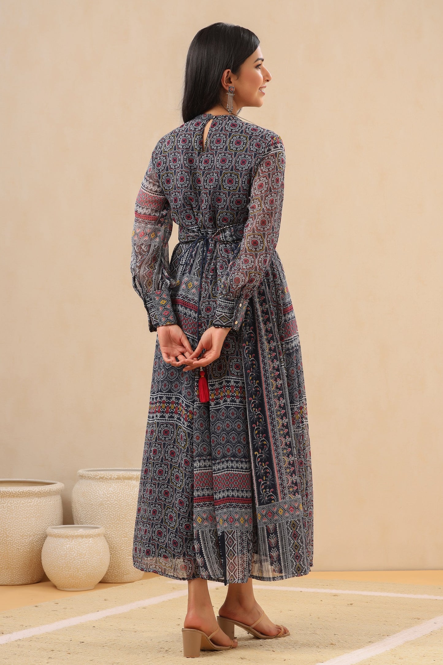 Juniper Womens Black Multi Color Geometric Digital Printed Maxi Dress With Bead Handwork - Distacart
