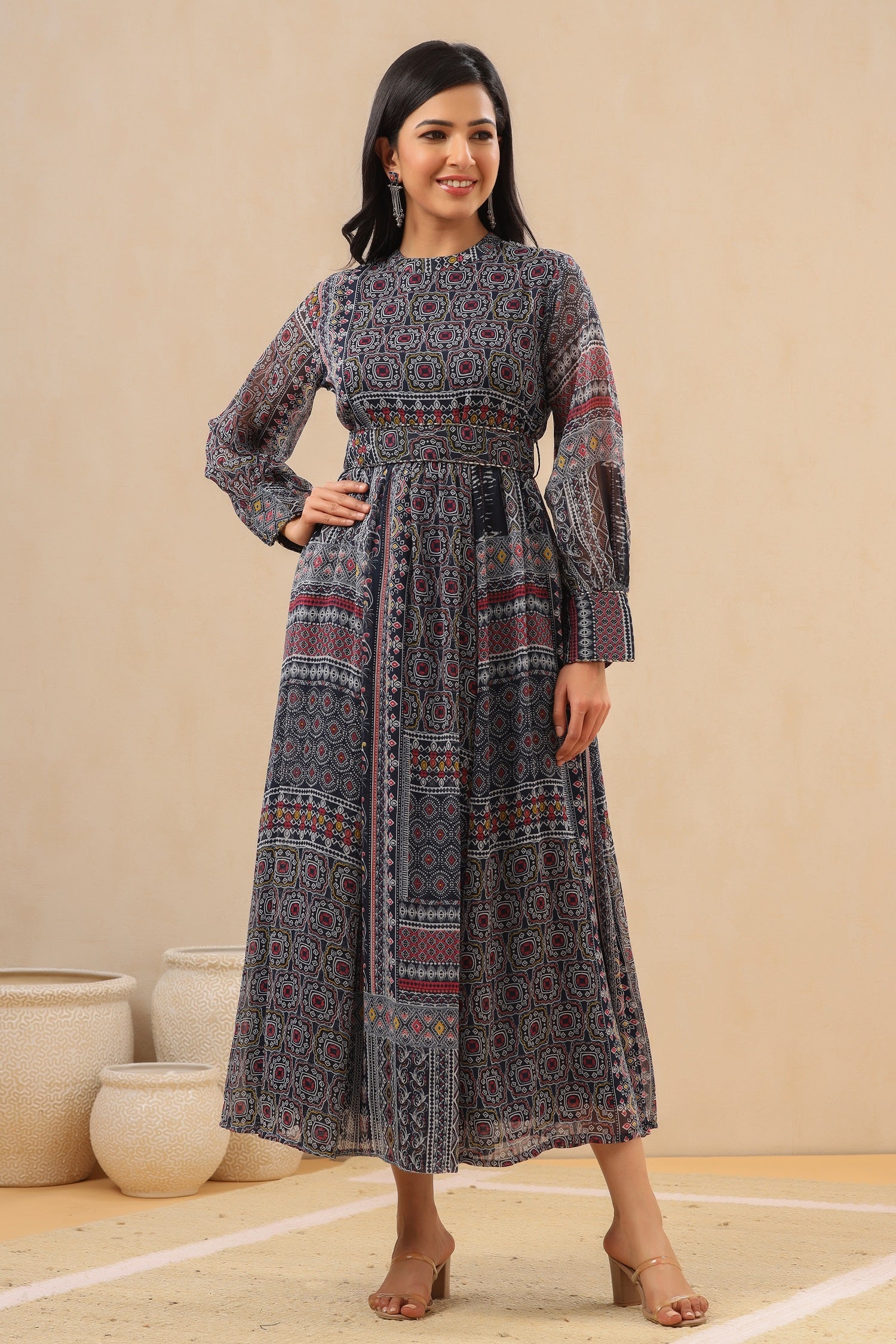 Juniper Womens Black Multi Color Geometric Digital Printed Maxi Dress With Bead Handwork - Distacart