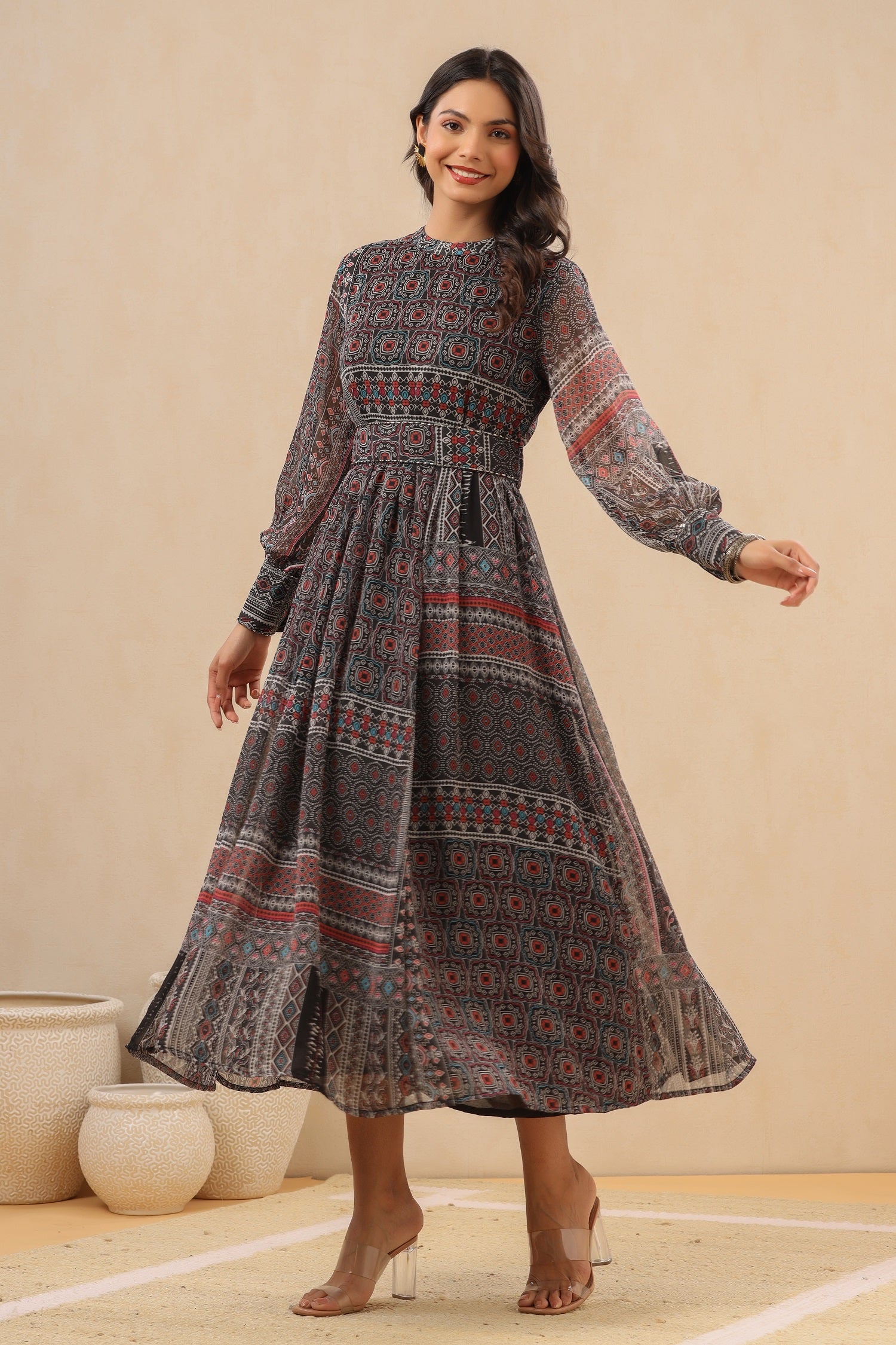 Juniper Womens Navy Blue Multicolor Geometric Digital Printed Maxi Dress With Bead Handwork - Distacart