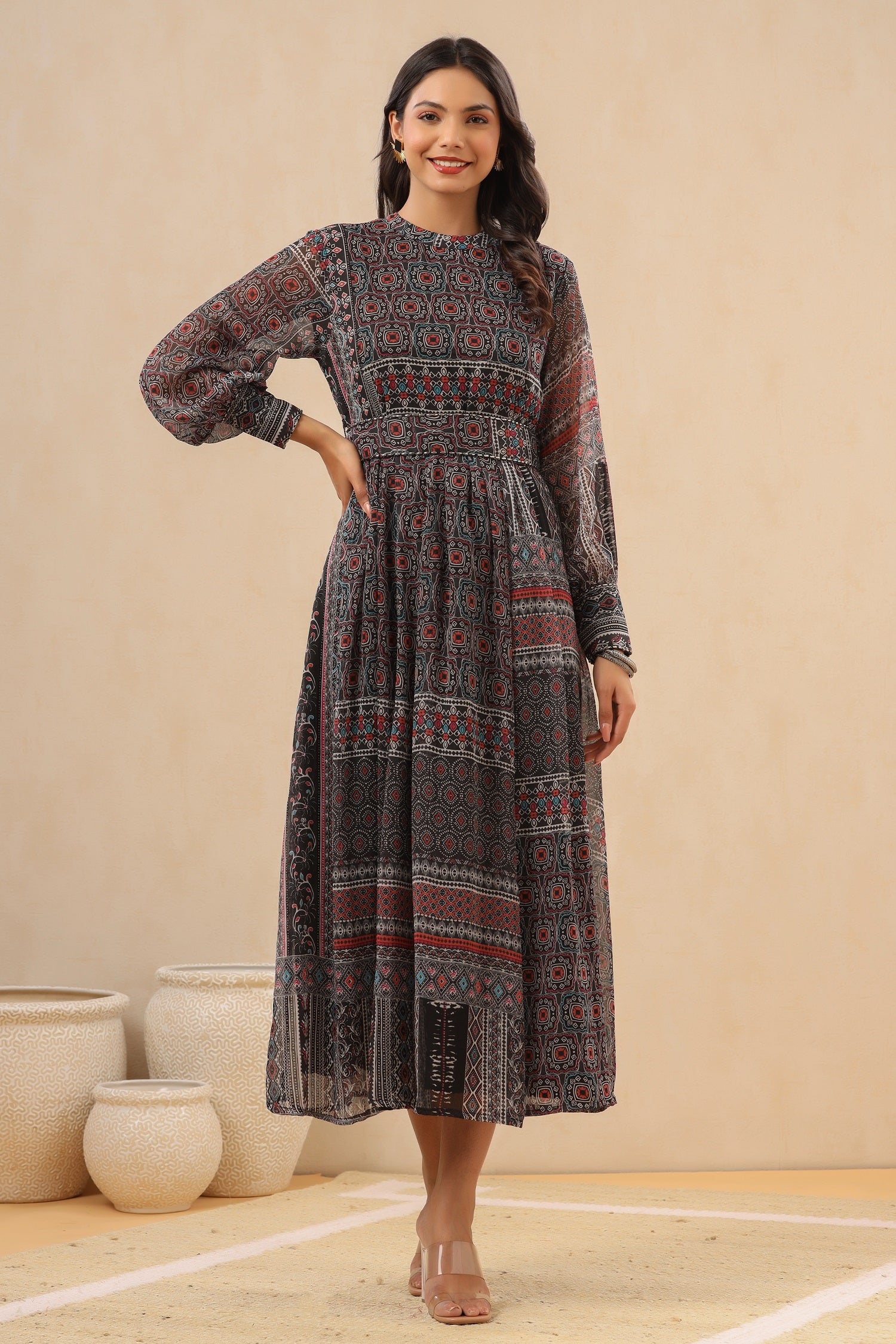 Juniper Womens Navy Blue Multicolor Geometric Digital Printed Maxi Dress With Bead Handwork - Distacart