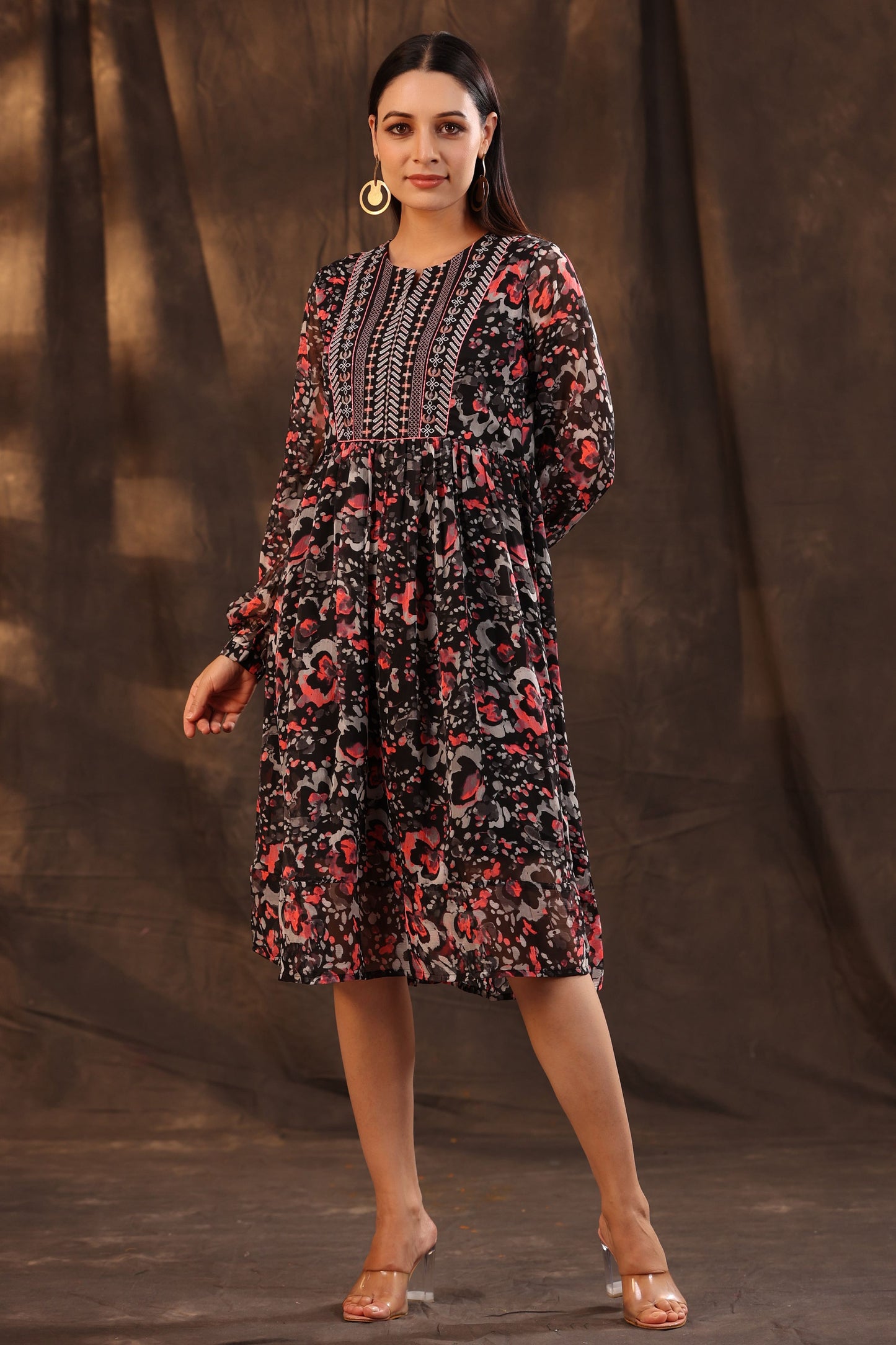 Juniper Women Black Chiffon Printed Flared Dress - Distacart