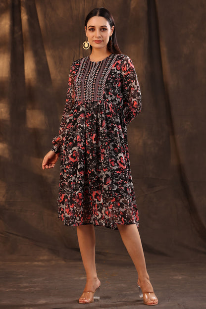 Juniper Women Black Chiffon Printed Flared Dress - Distacart